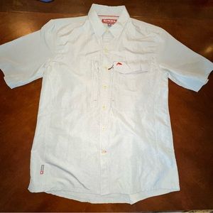 Simms Fishing Guide Shirt Medium Vented Caped Fly Box Pockets Sage Green Plaid